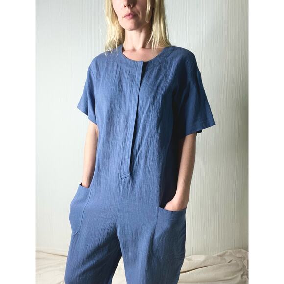 7115 BY SZEKI Mechanic Blue Linen Gauze Short Sleeve Jumpsuit US SMALL - Picture 3 of 11